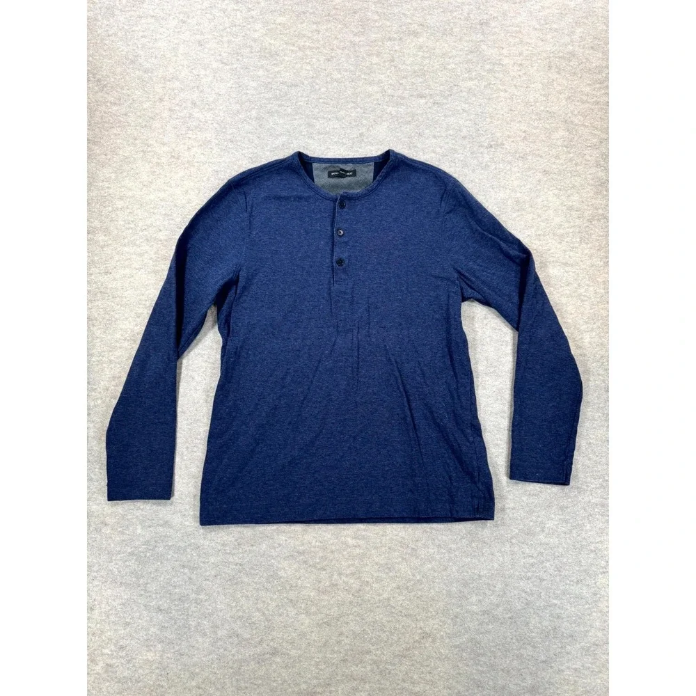 Banana Republic Henley Shirt Men Large Heather Blue Cotton Double Knit Side Slit